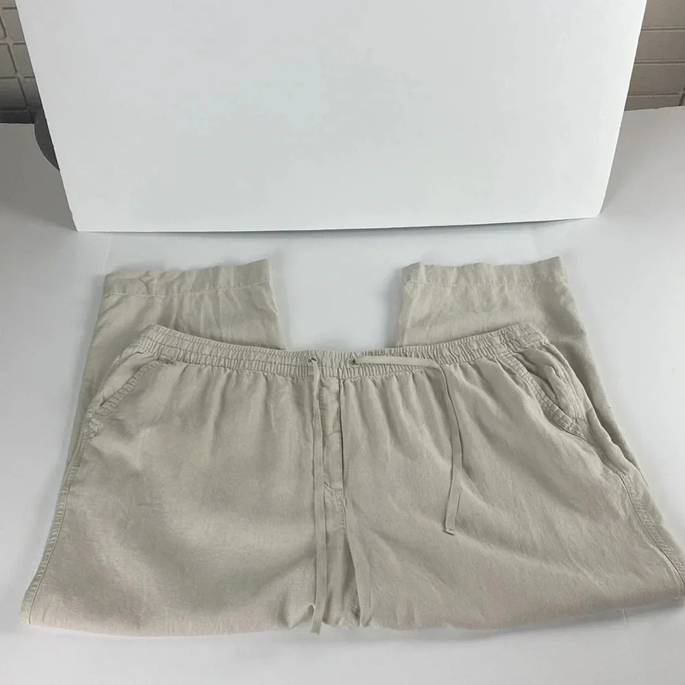 Cream casual linen blend relaxed fit lounge pullon elastic waist pants sz 3X